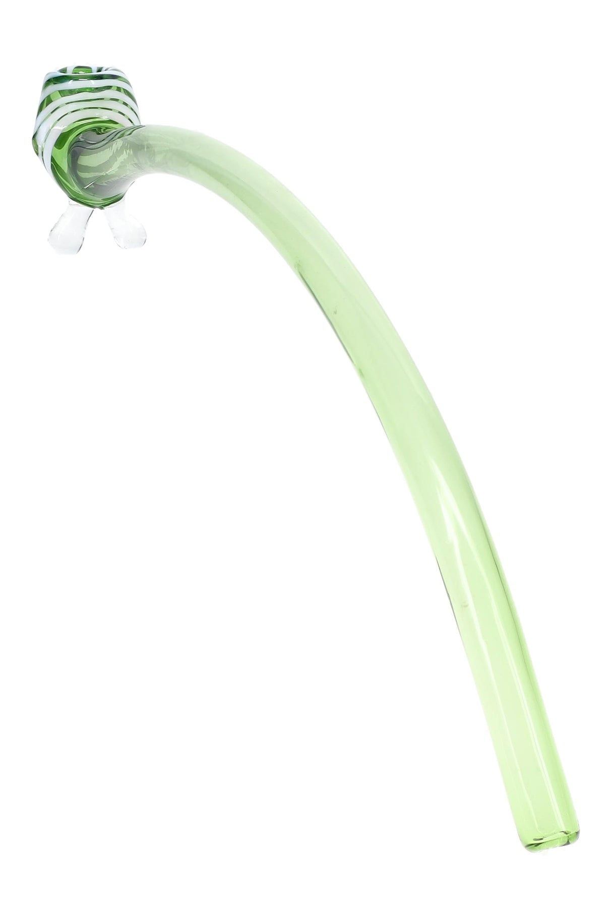 Light green 17″ glass Gandalf pipe with sweeping curved stem, striped bowl, and clear glass feet
