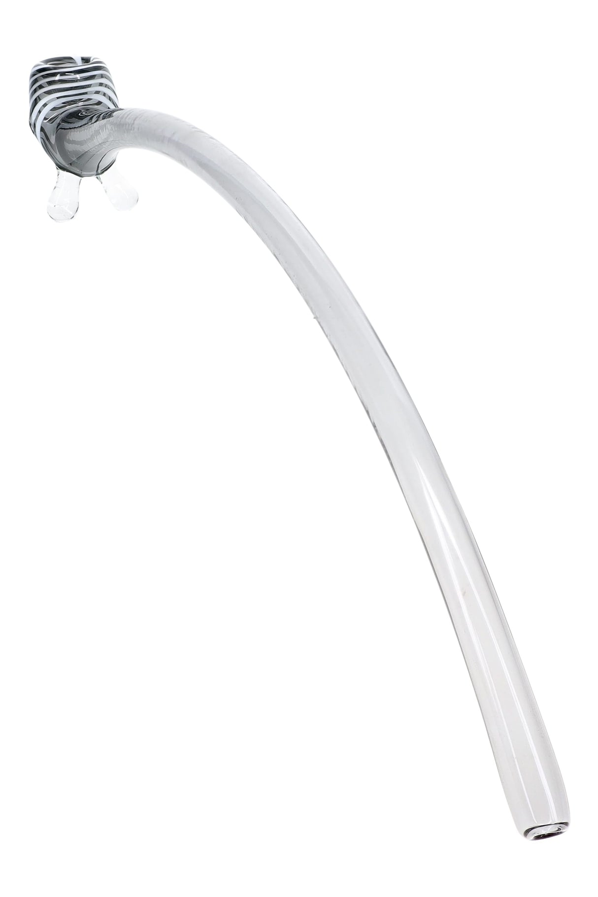 Gray 17″ glass Gandalf pipe with black striped bowl, long curved stem, and clear marble feet
