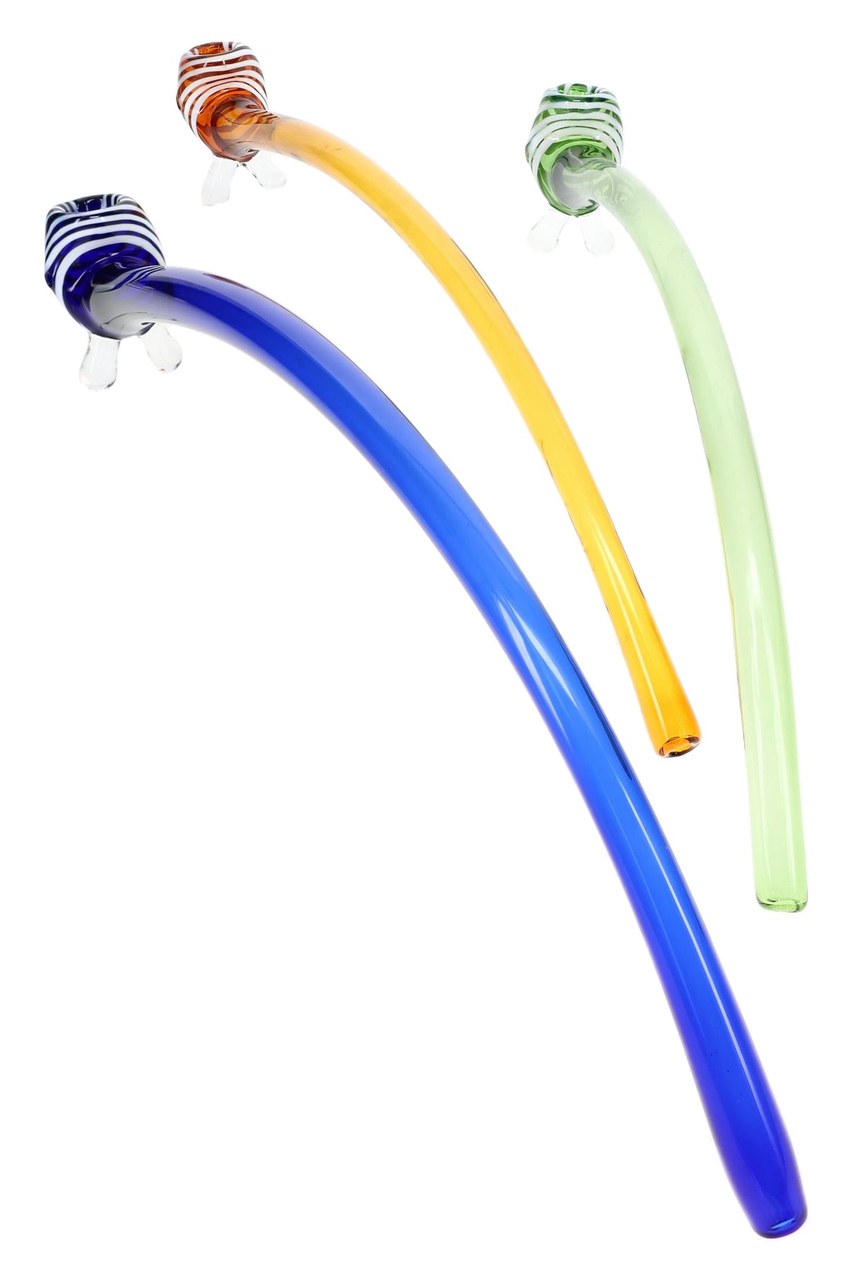 Three 17″ glass Gandalf pipes in blue, amber, and green with curved stems and striped bowls