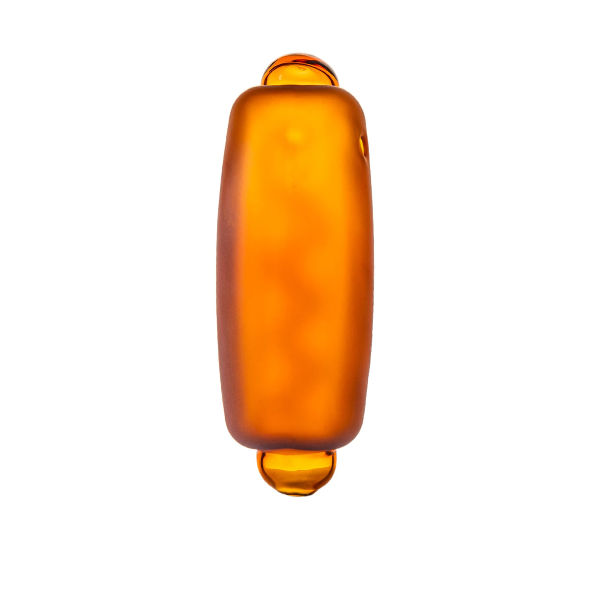 Bottom view of BigFun! Glizzy glass hand pipe showing the smooth frosted amber-orange bun-shaped exterior