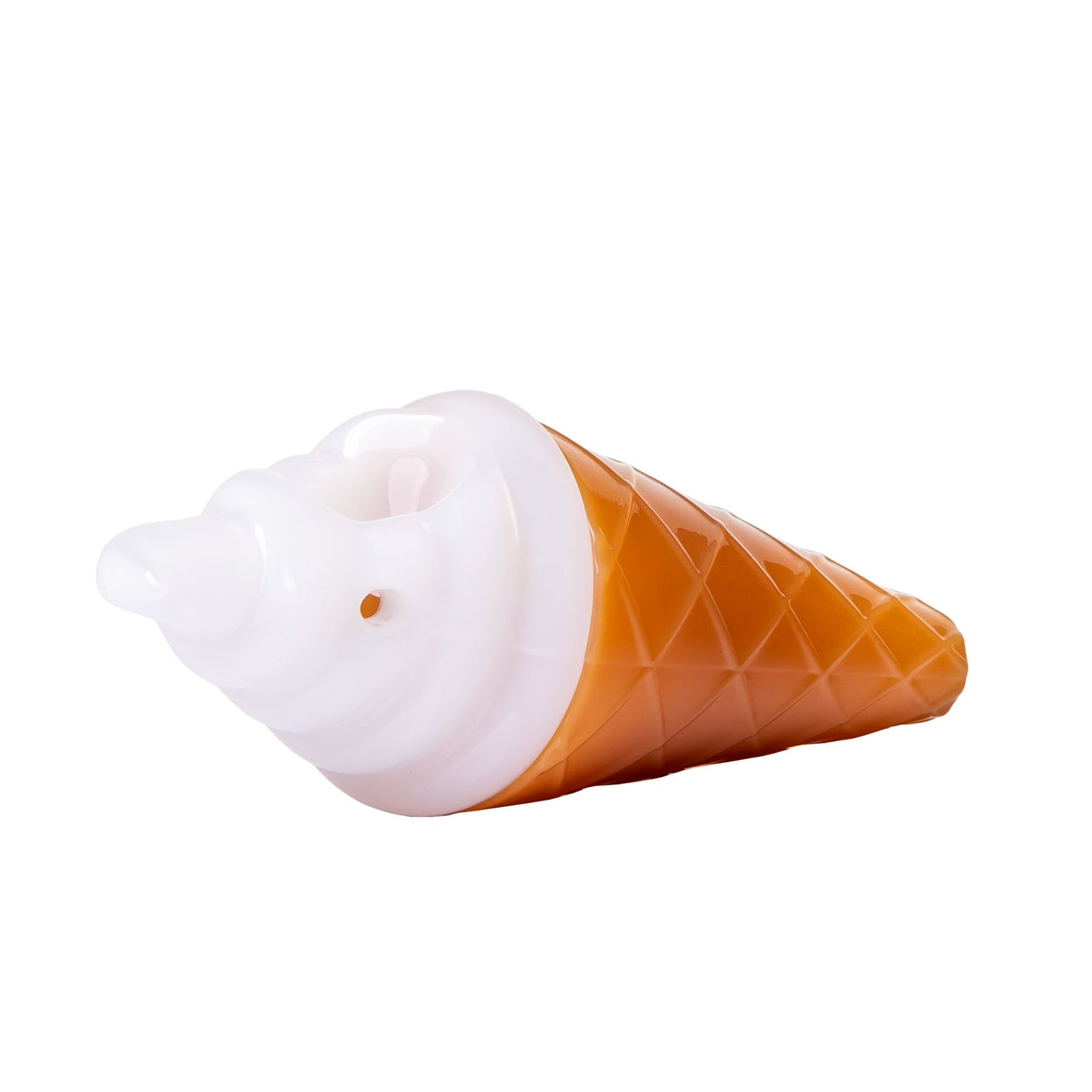 Angled ice cream glass hand pipe showing bowl opening, white swirl top, and orange waffle cone body