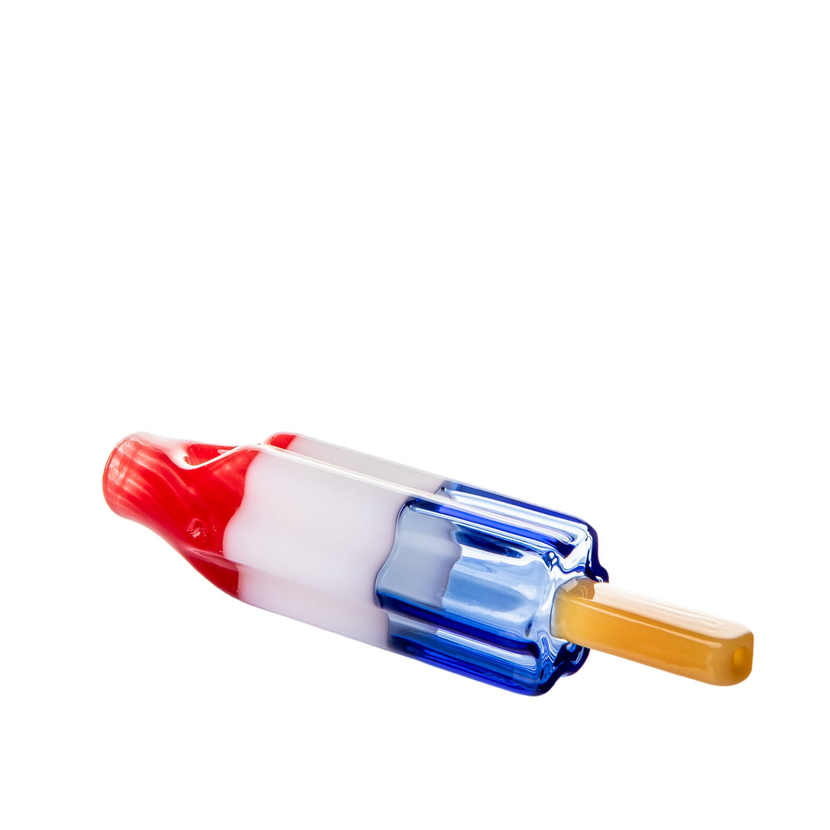 BigFun! Pipesicle glass hand pipe rear angle showing blue glass base, yellow stick and red-white frozen-treat body