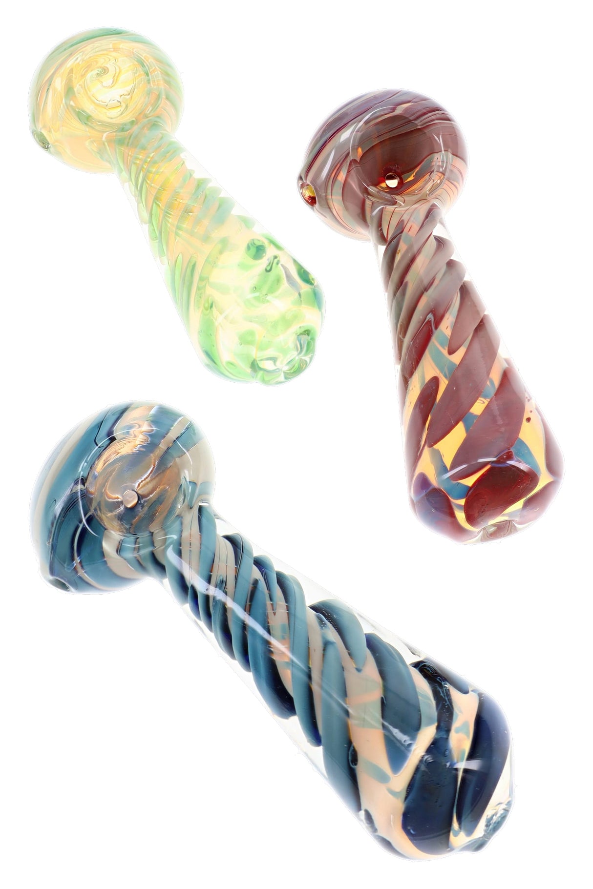Assorted 4½″ silver-fumed glass hand pipes with spiral bubble stems, spoon bowls, and colorful patterns