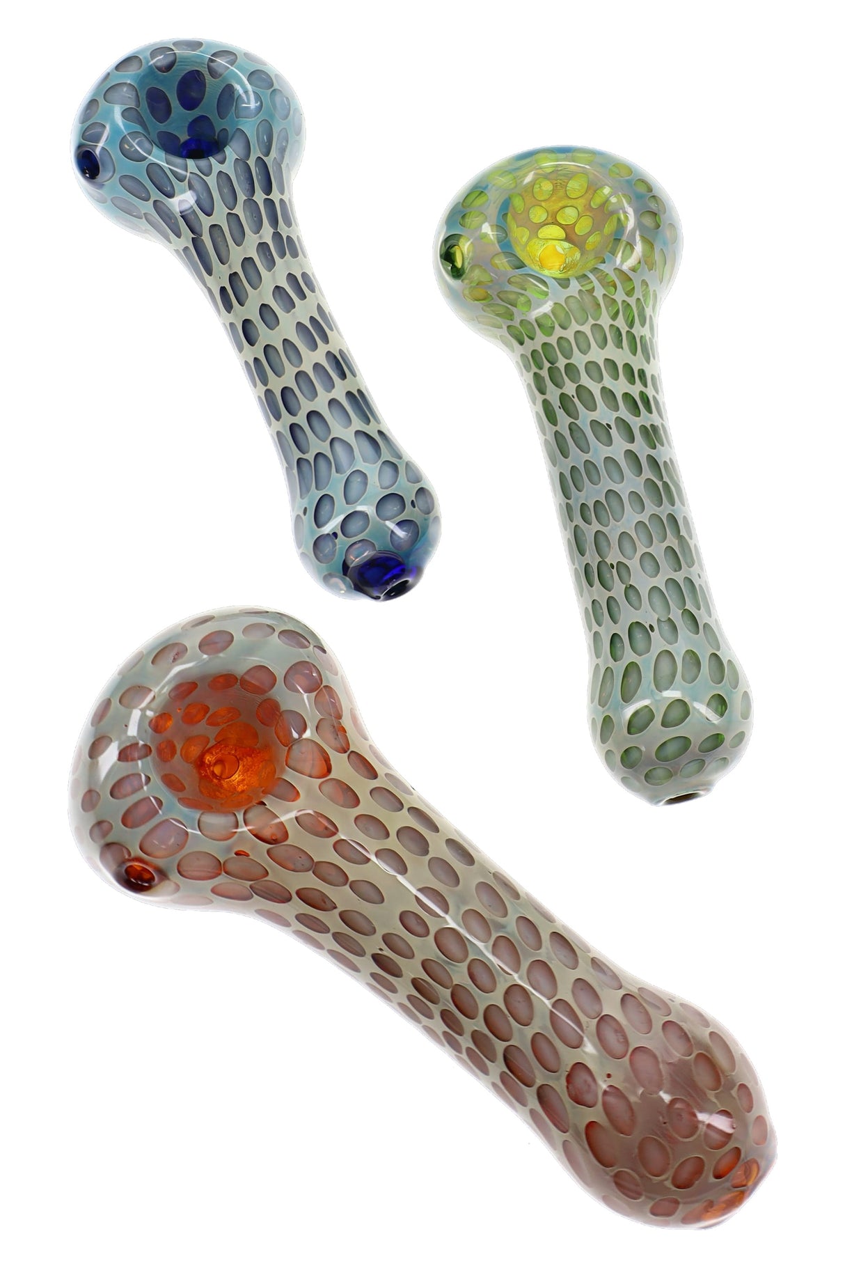 Assorted 4½″ silver-fumed glass hand pipes with repeating bubble-dot patterns, spoon bowls, and rounded stems