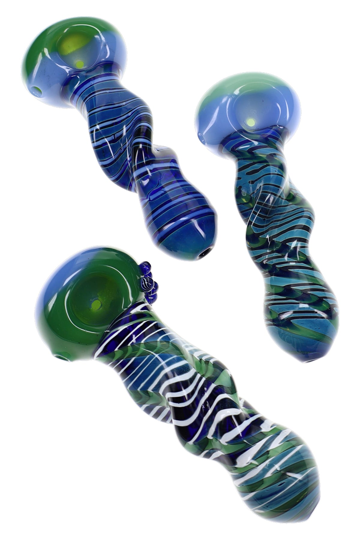Assorted 5½″ silver-fumed glass hand pipes with twisted blue-green bodies, striped accents, and round spoon bowls