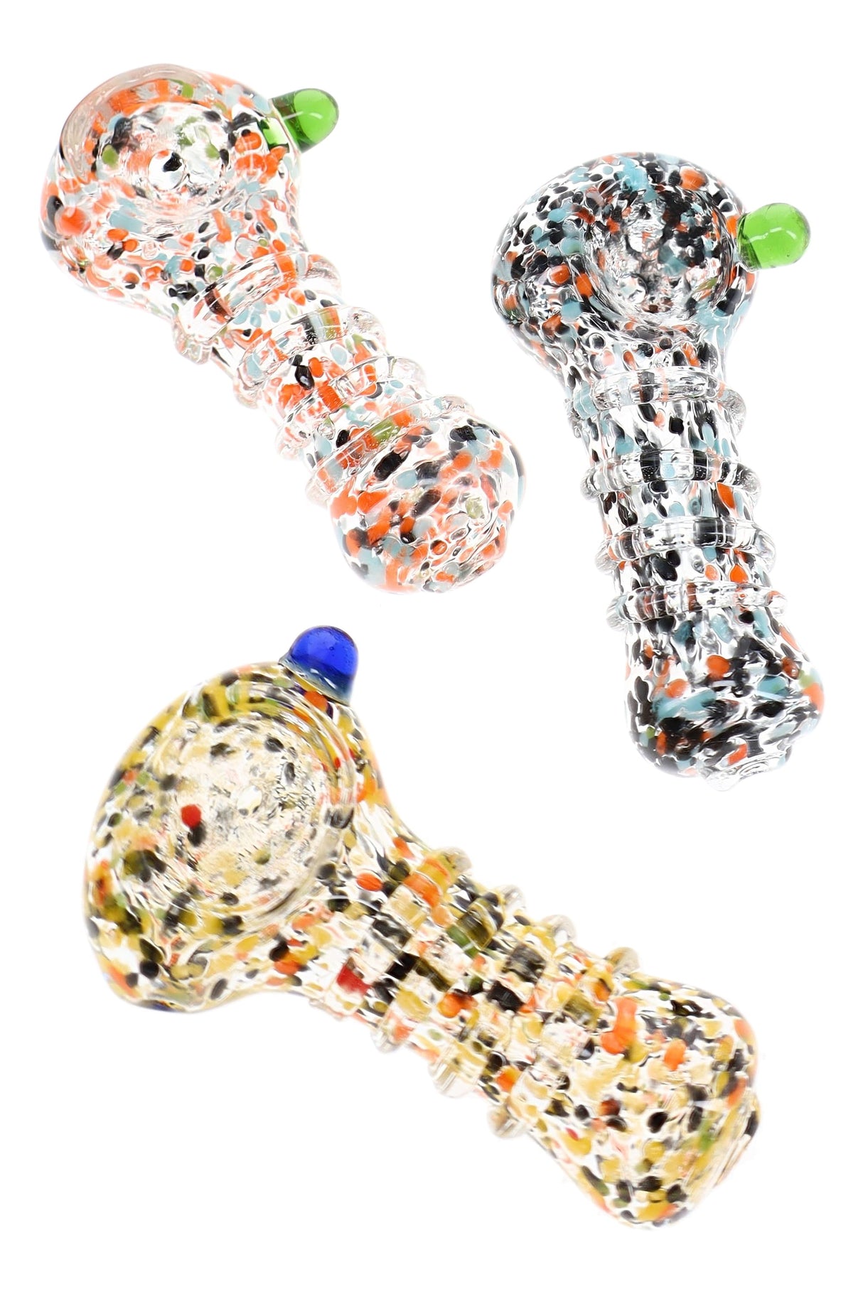Assorted 2½″ confetti frit glass hand pipes with raised coil accents, spoon bowls, and colored marble tips