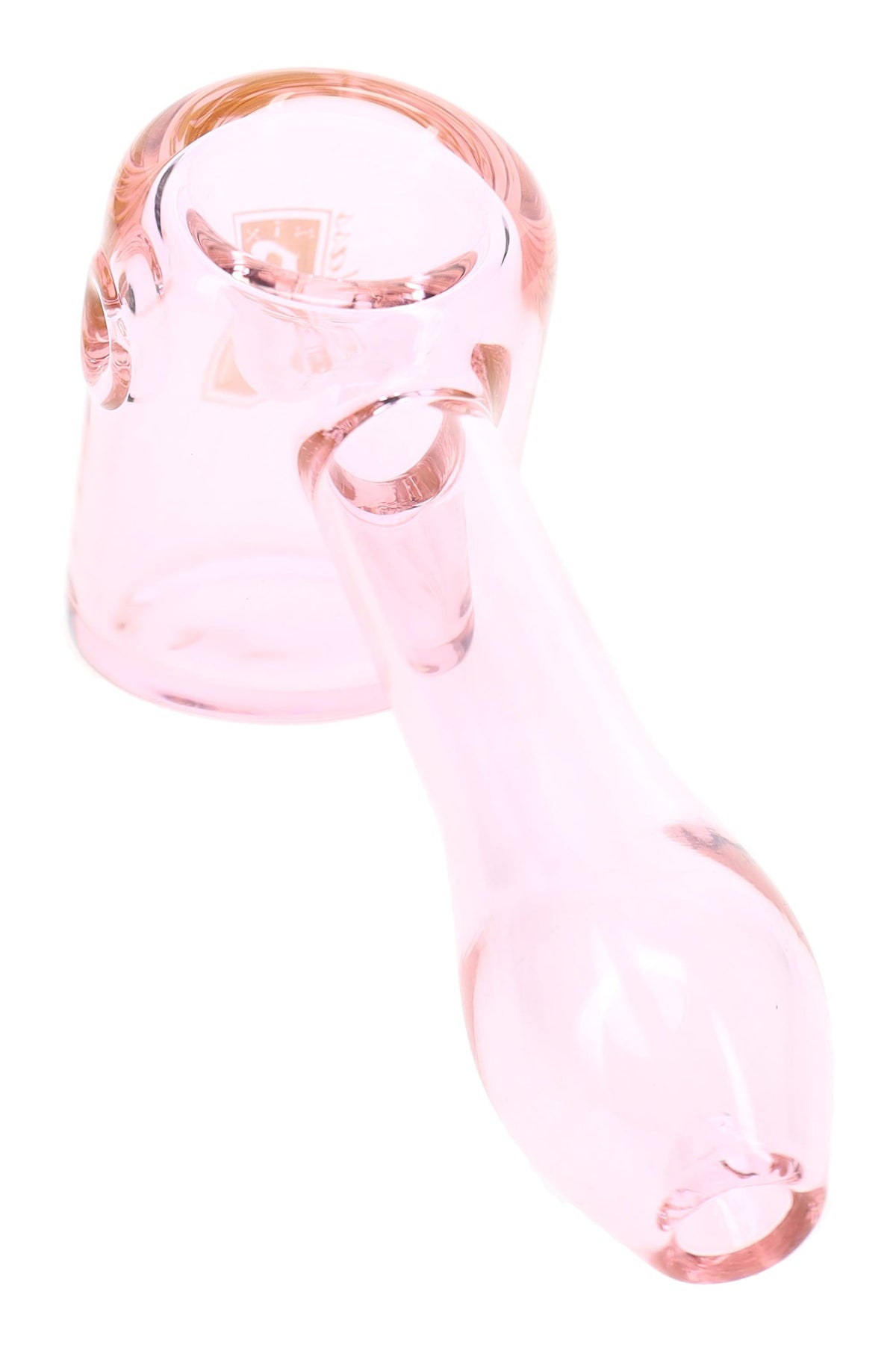 Pink 6B Glass hammer hand pipe close-up with rounded mouthpiece, deep bowl, and side carb