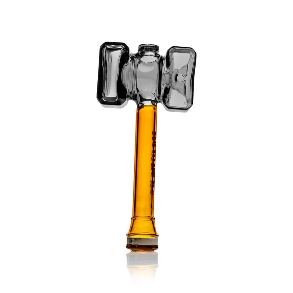 Rear view of Hemper Warhammer glass hand pipe showing smoky hammer-shaped head and long amber handle