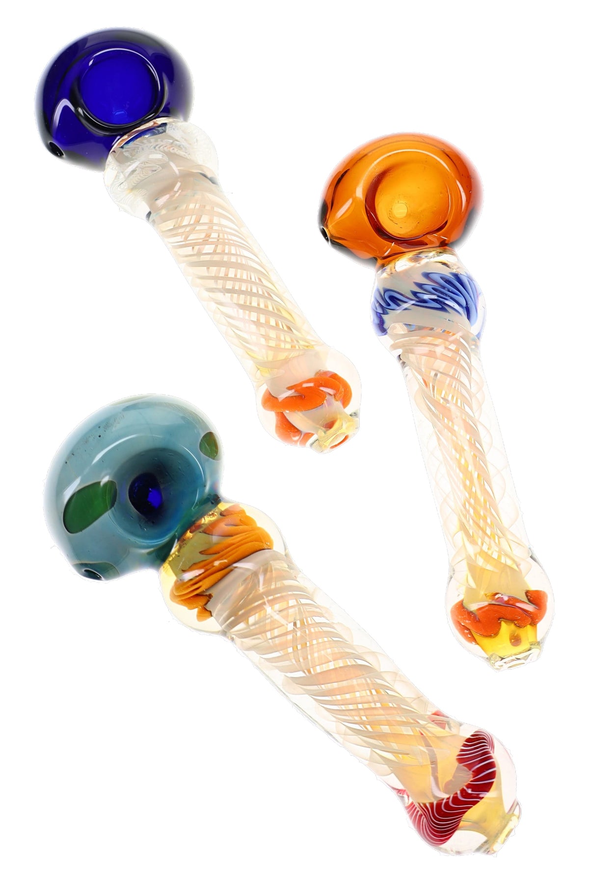Assorted silver fumed spiral glass spoon pipes with colorful bowls, clear stems, and striped accents
