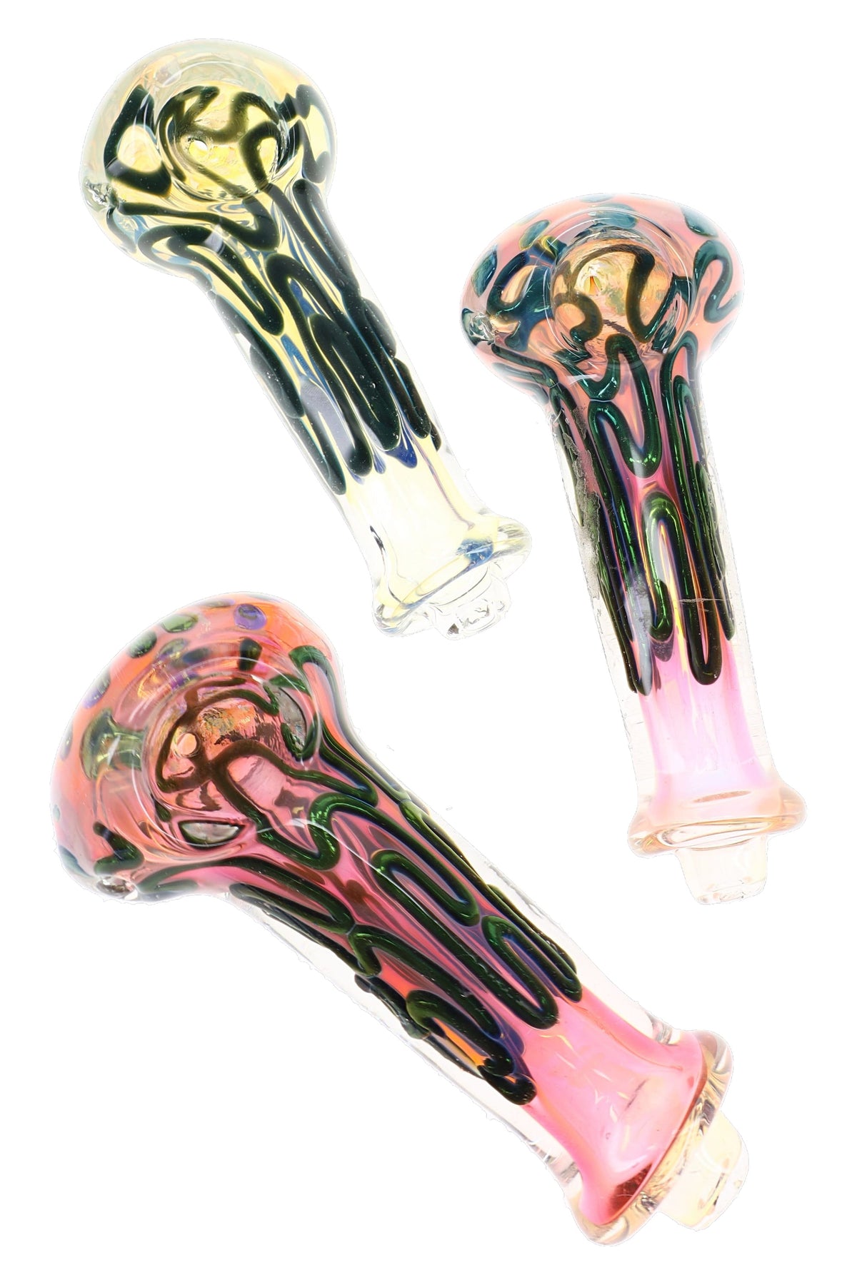 Assorted fumed glass spoon pipes with pink and yellow color-changing bodies and raised black squiggles