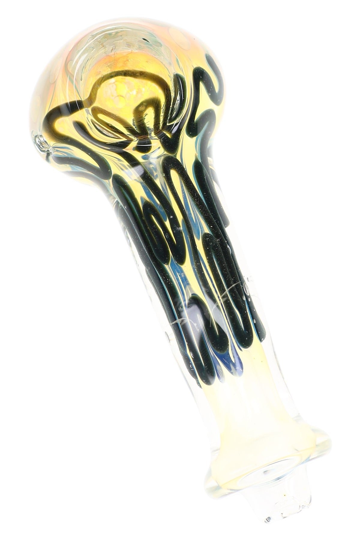 Fumed glass spoon pipe with yellow body, dark squiggle stripes, dot bowl accents, and flared mouthpiece