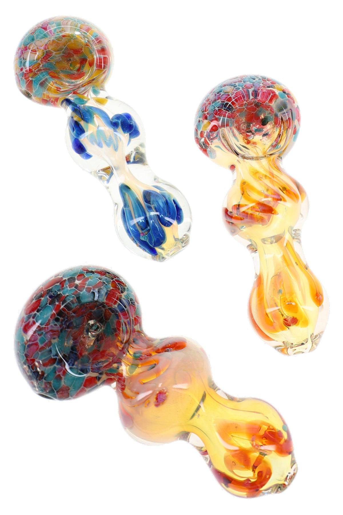 Assorted color changing glass hand pipes with frit bowls, squiggle stripes, and compact spoon shapes