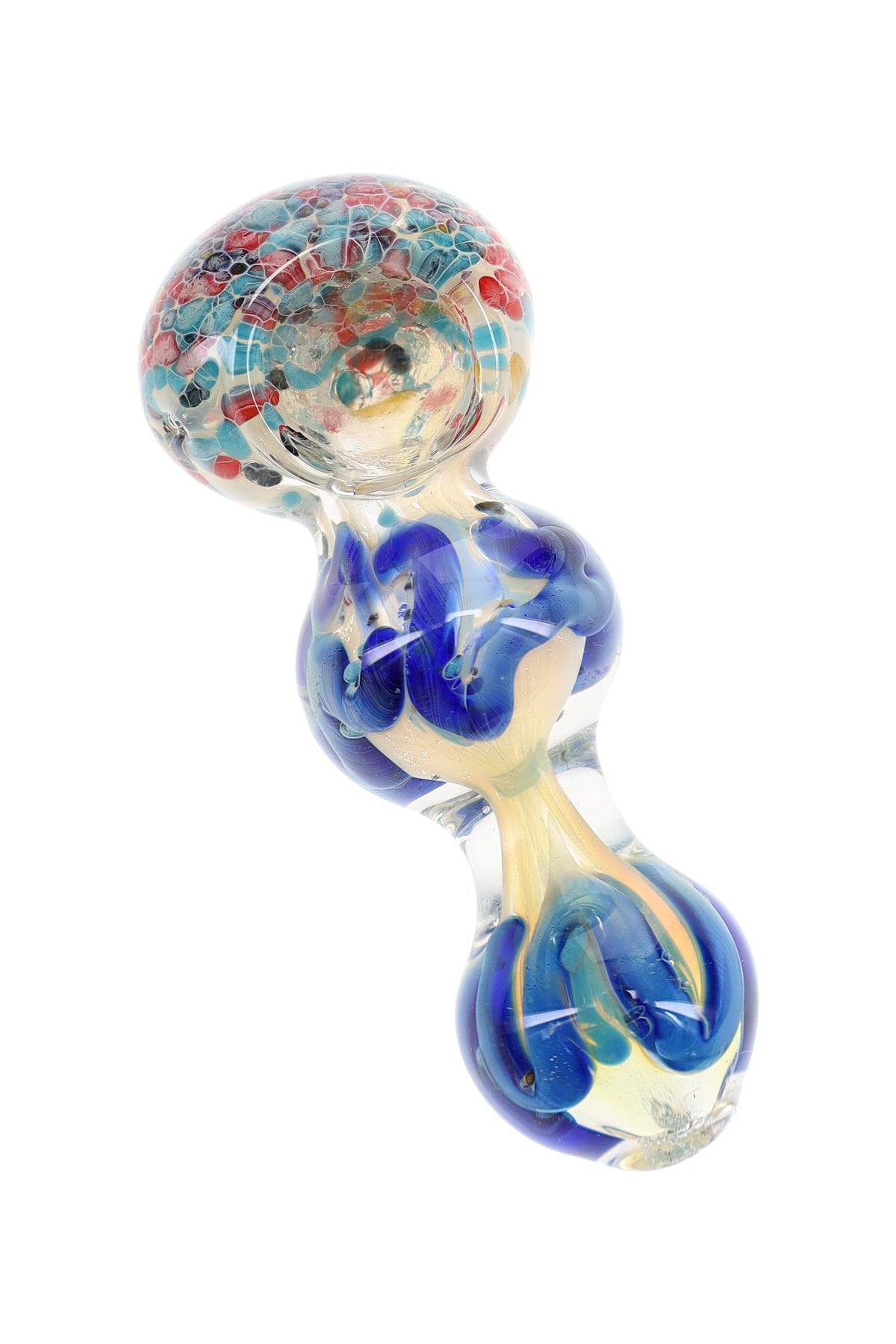 Color changing frit glass spoon pipe with blue squiggle stripes and rounded 3.5 inch body