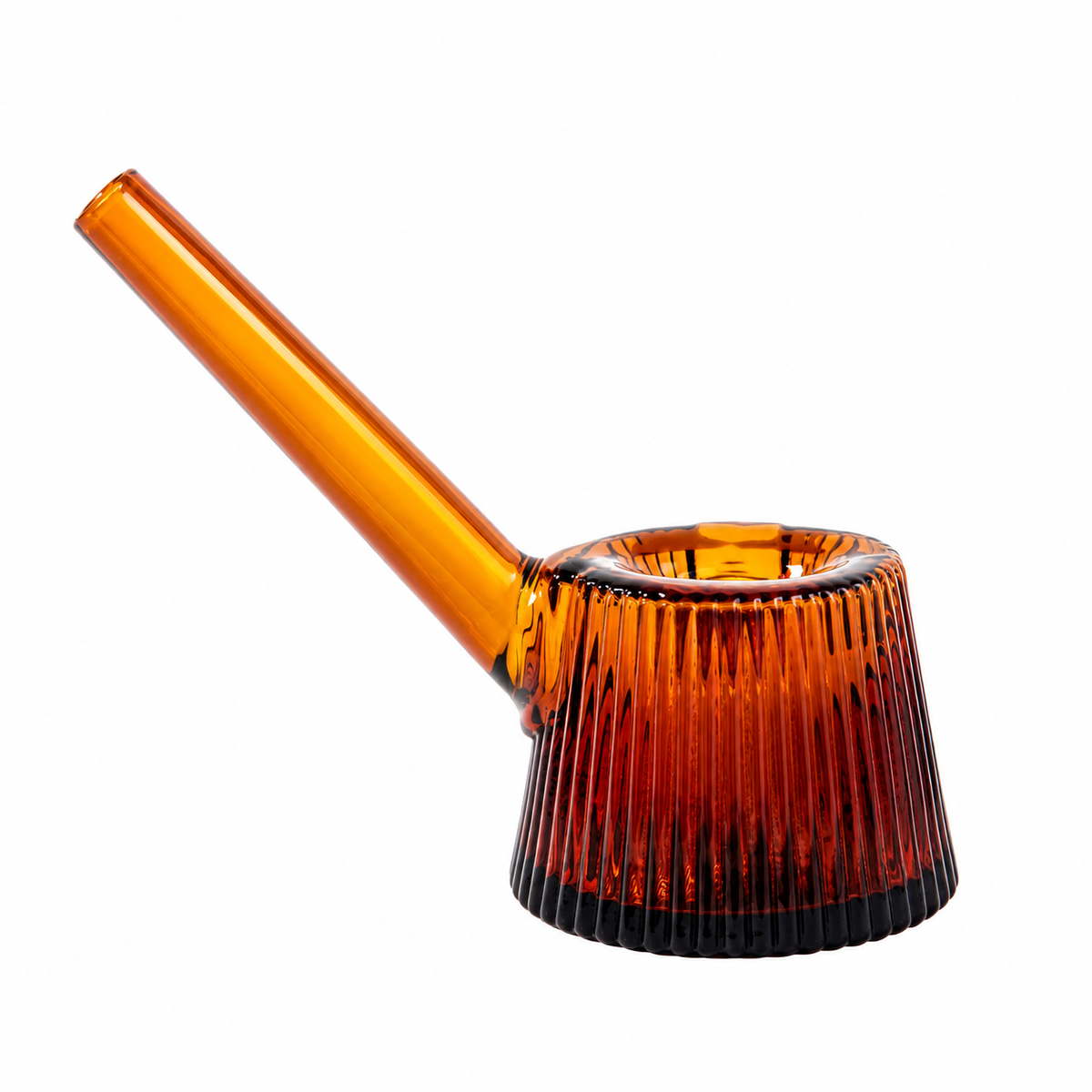 Baltic Amber Deco borosilicate glass hand pipe rear view with ribbed body and angled mouthpiece