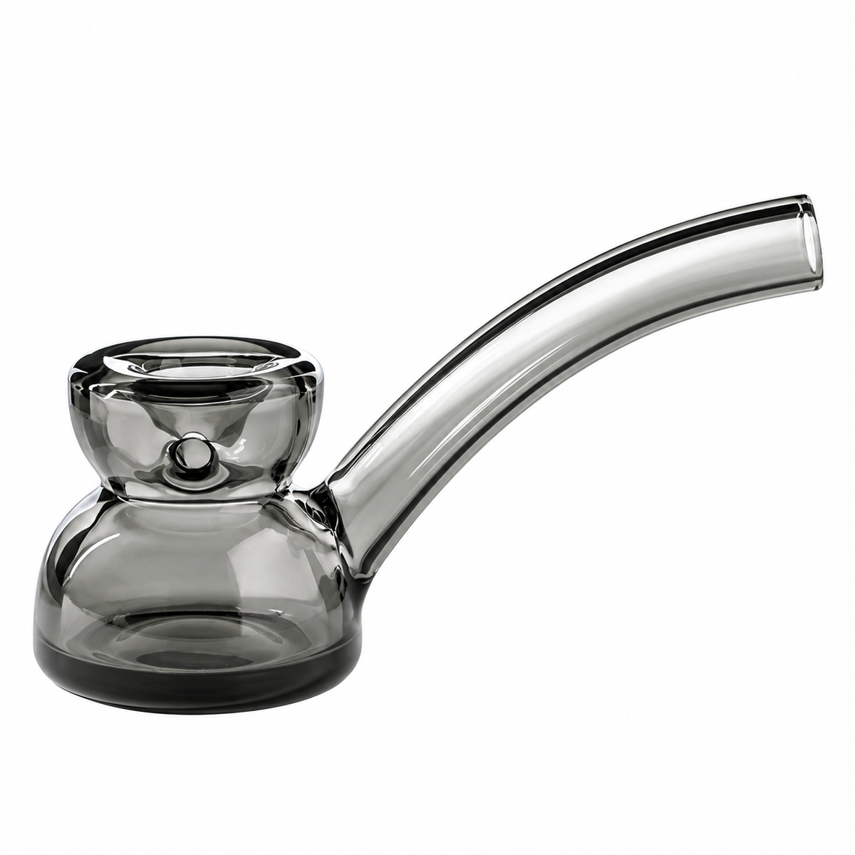 Smoke-gray Vesper glass hand pipe with a deep bowl, side carb, thick base and curved borosilicate mouthpiece