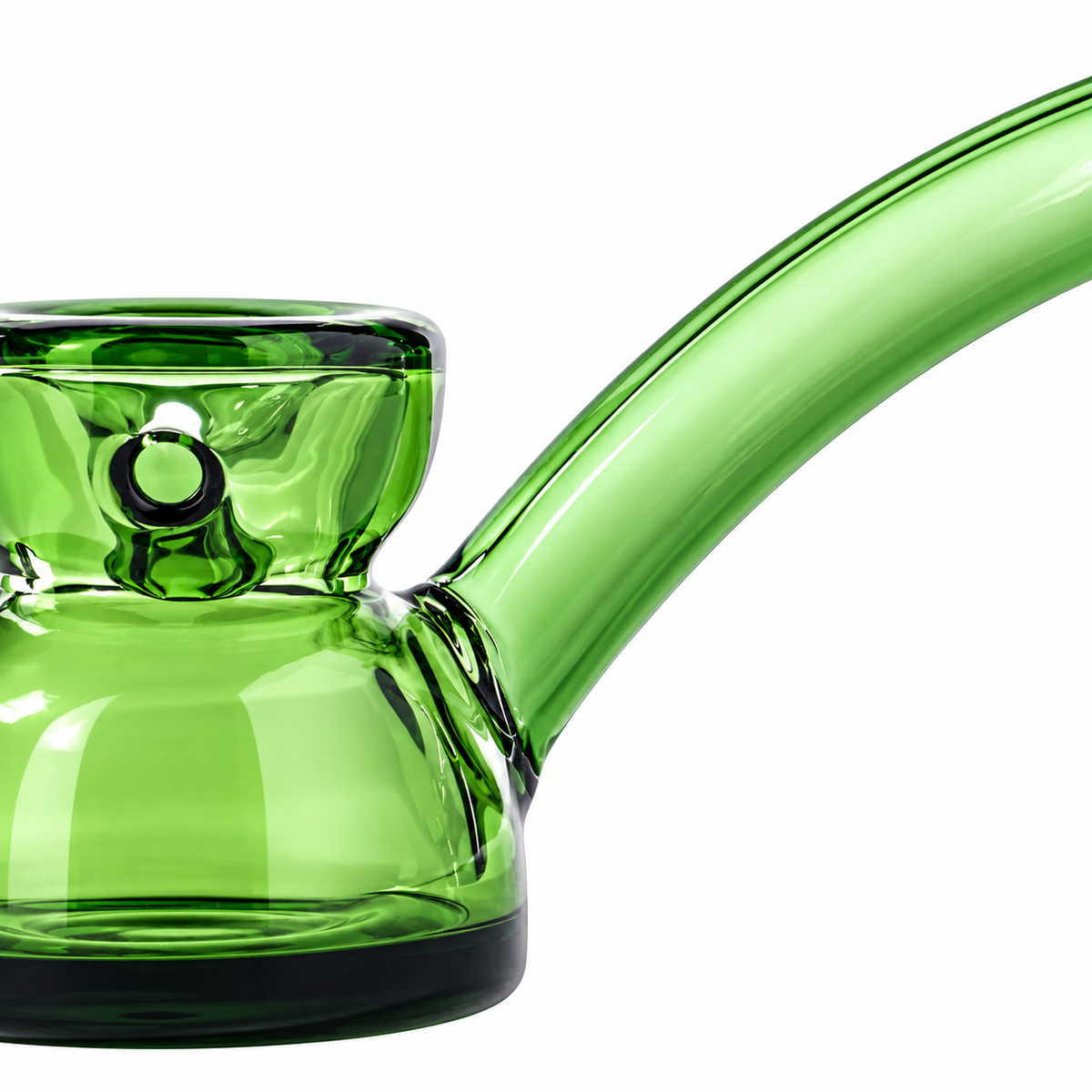 Close-up of emerald Vesper glass hand pipe showing the side carb, thick bowl wall and curved borosilicate stem