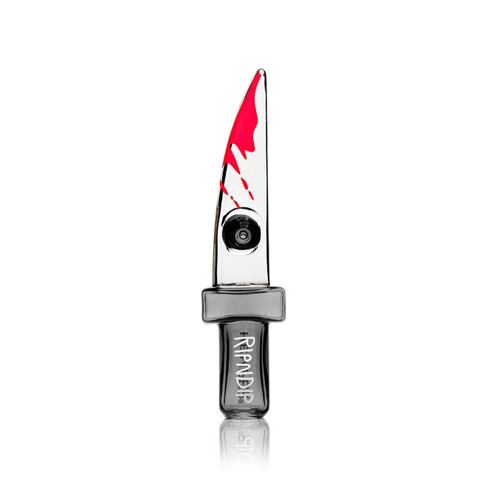 Knife-shaped glass hand pipe with red blade accents, a built-in bowl and white RIPNDIP lettering on the gray handle