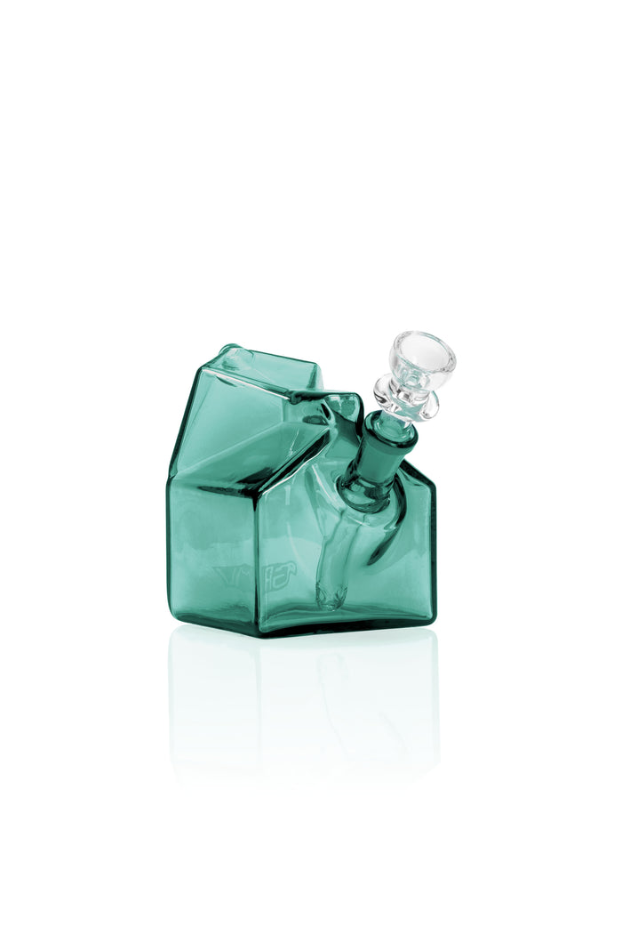 Lake green GRAV milk carton glass bubbler showing compact body and built-in downstem