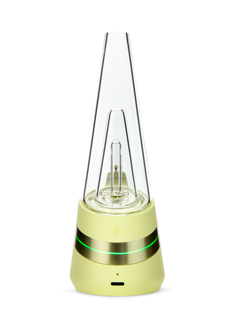 Puffco Peak Zest e-rig rear view showing USB-C port, green light ring, and clear glass top