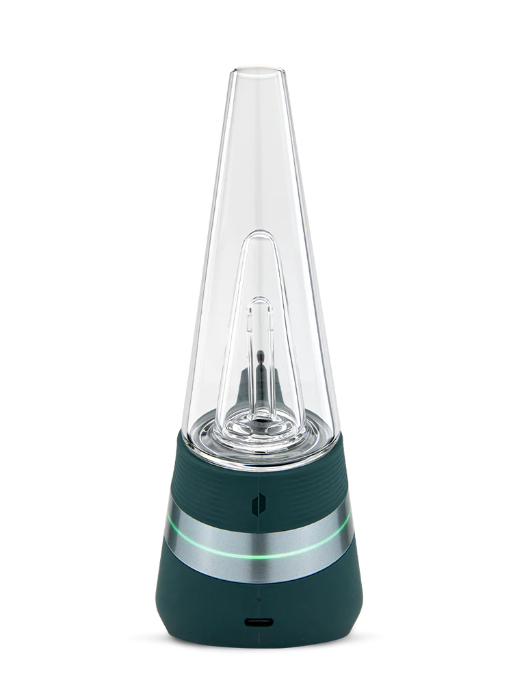 Front view of Puffco New Peak Pine smart rig with clear glass cone, inner percolator, and USB-C port visible on the base.