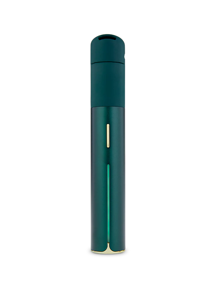 Puffco Pivot dab pen in limited Pine green with gold accents, closed mouthpiece and vertical light bar, slim pocketable design.