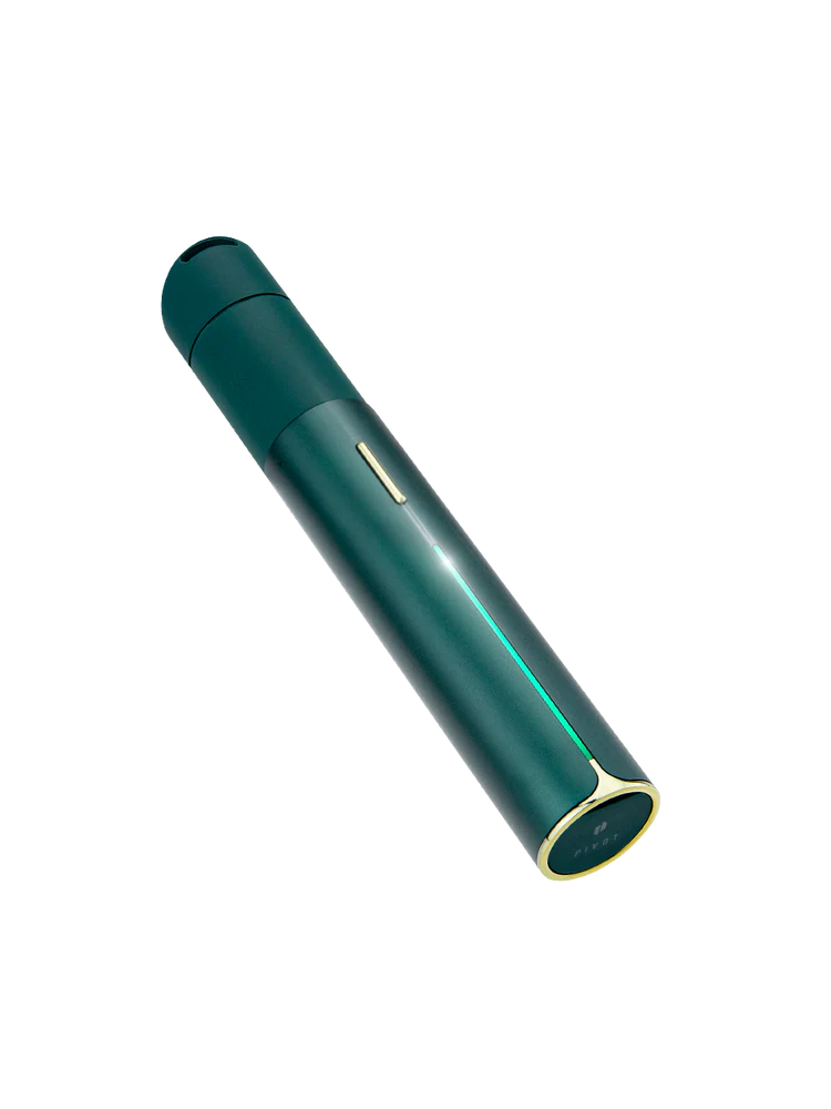 Angled view of Puffco Pivot Pine highlighting the slim tube body, LED light bar, and rounded gold end cap.