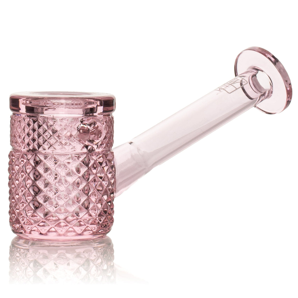 Pink Jane West glass hand pipe with rosy transparent body, textured bowl, and flat base