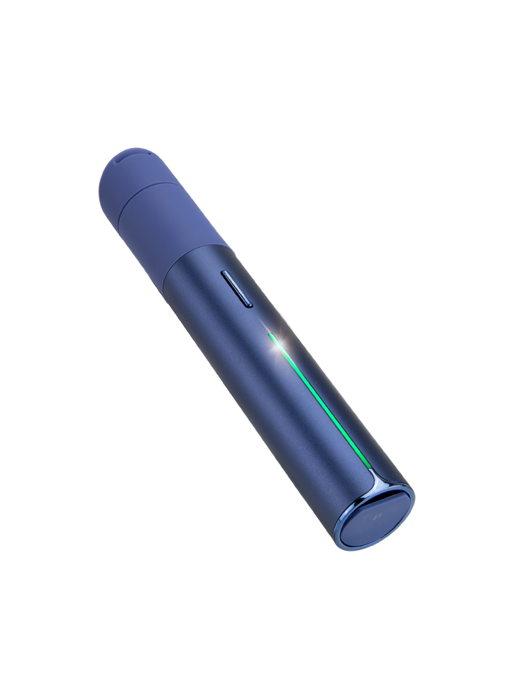 Puffco Pivot Sapphire dab pen angled front view showing blue finish and illuminated light bar