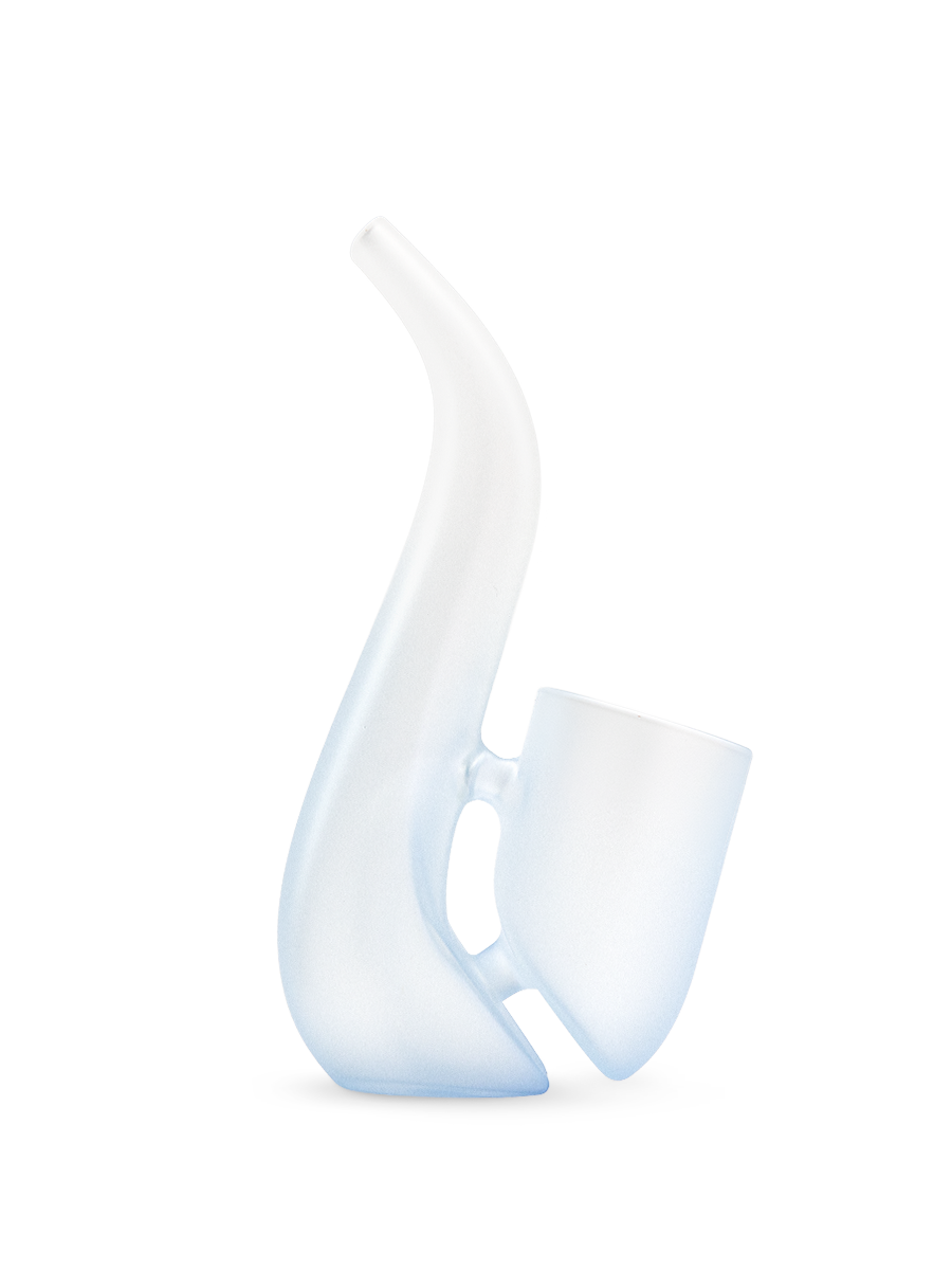 Haze Puffco New Proxy Bub water attachment right view, curved neck, handle opening and soft frosted finish on white backdrop.