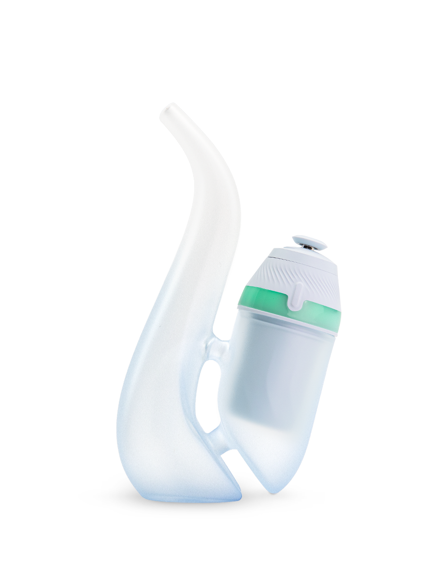 Haze Puffco New Proxy Bub and New Proxy base assembled, green band lit to show active, water-filled bubbler during use.