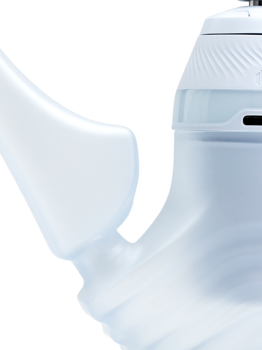 Detail view of Haze Puffco New Proxy Wizard joint area and handle, highlighting smooth frosted glass connection where the New Proxy base sits.