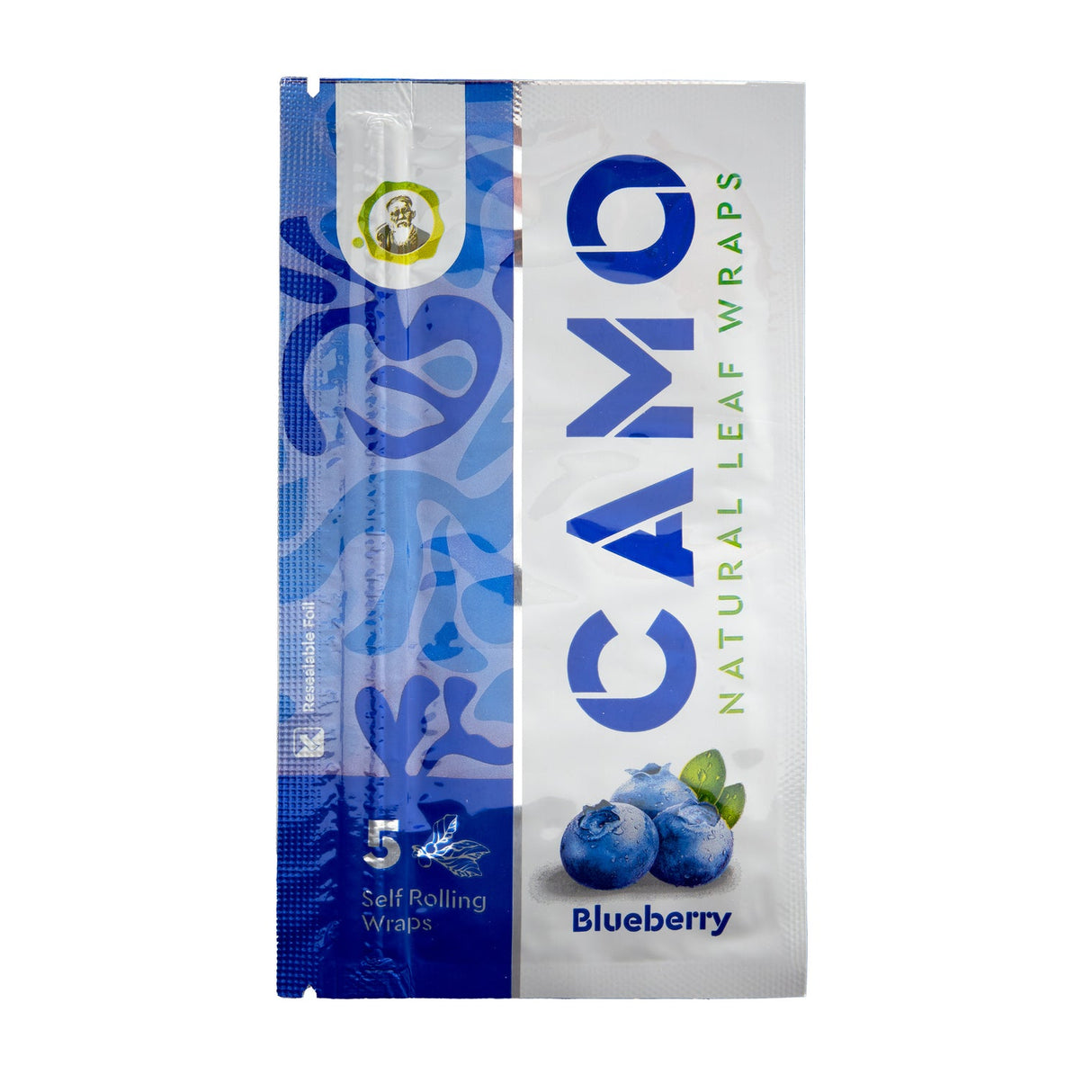 CAMO Blueberry natural leaf wraps pouch with blueberry artwork and resealable 5-wrap format