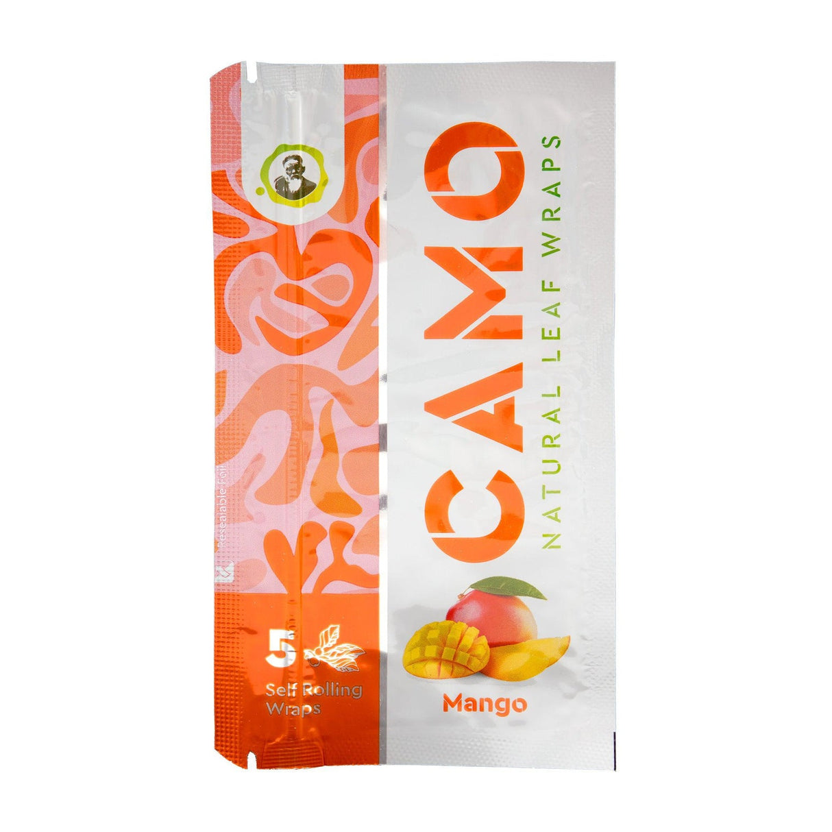 CAMO Mango natural leaf wraps pouch with mango fruit artwork and resealable 5-wrap packaging