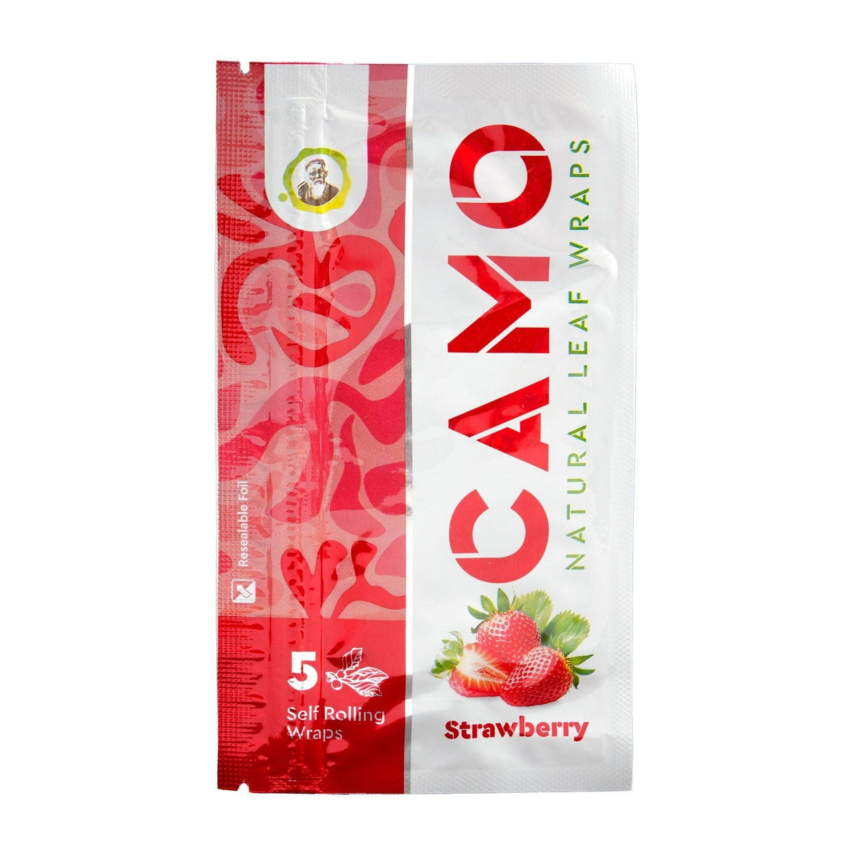 CAMO Strawberry natural leaf wraps pouch with strawberry artwork and 5-wrap resealable packaging