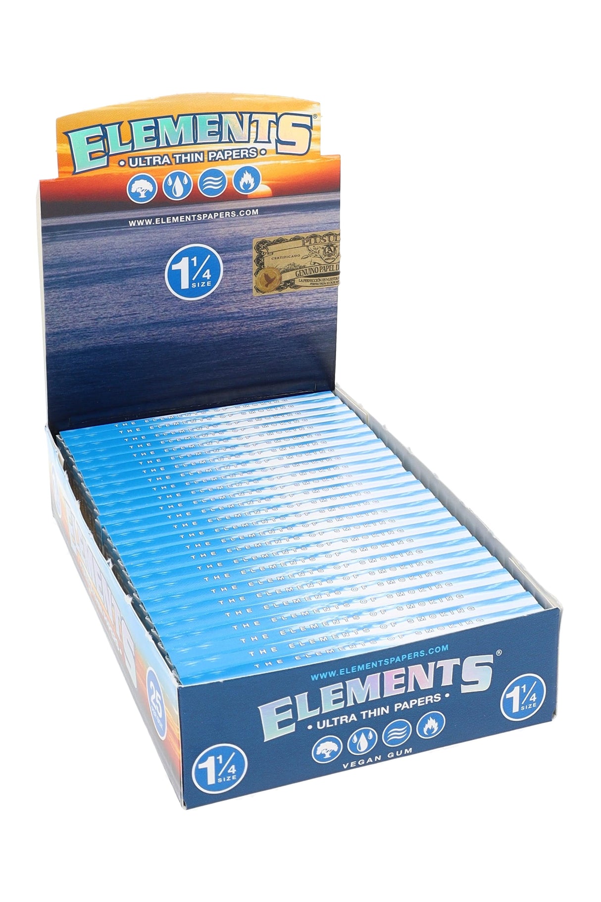 Elements 1¼ rolling papers retail display with blue branded box and 25 countertop packs shown in front view