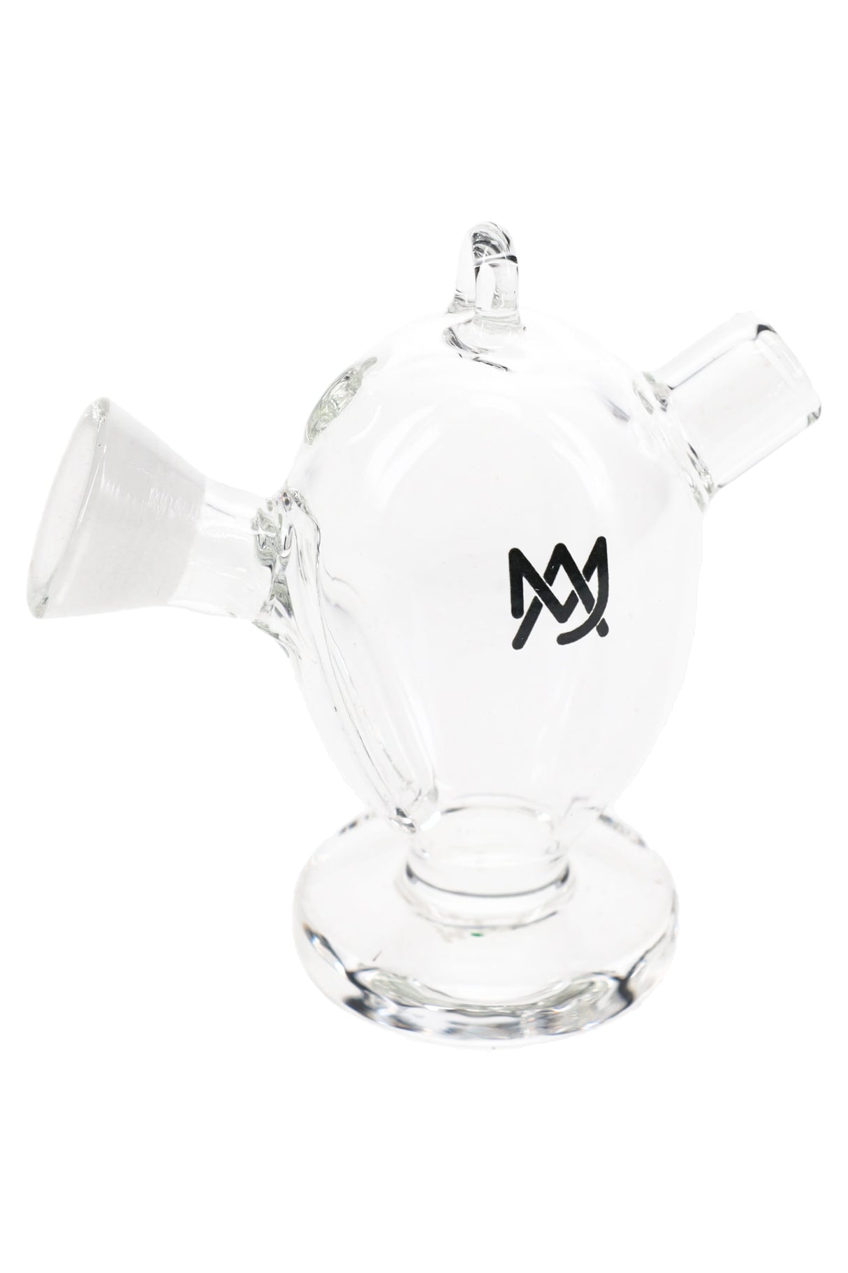 Compact clear glass blunt bubbler by MJ Arsenal, 2.45″ tall with pendant hook and carb, designed to fit most cones and blunts.