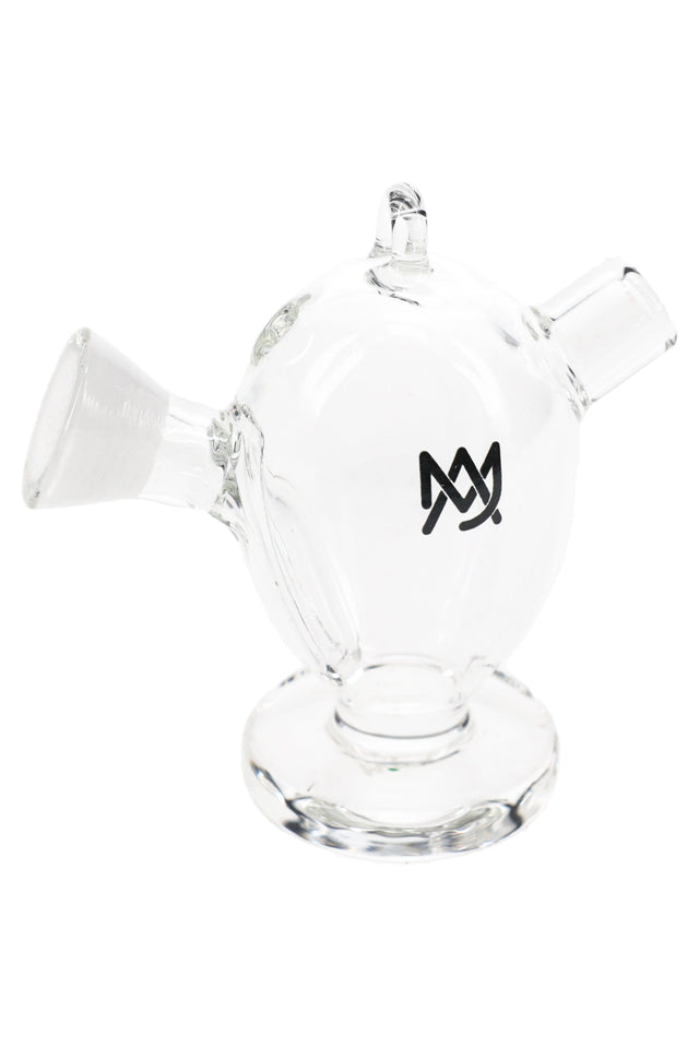 Compact clear glass blunt bubbler by MJ Arsenal, 2.45″ tall with pendant hook and carb, designed to fit most cones and blunts.
