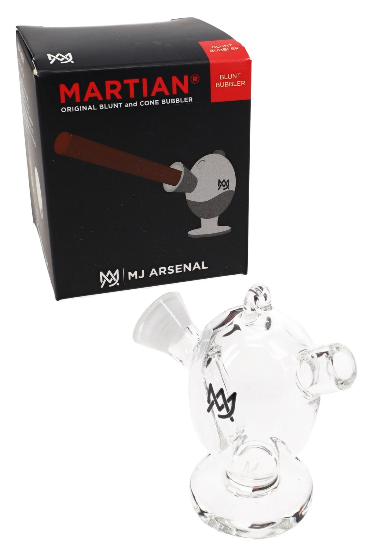MJ Arsenal Martian blunt bubbler shown beside retail box, clear glass with pendant hook and cone-style mouth, spill-resistant design.