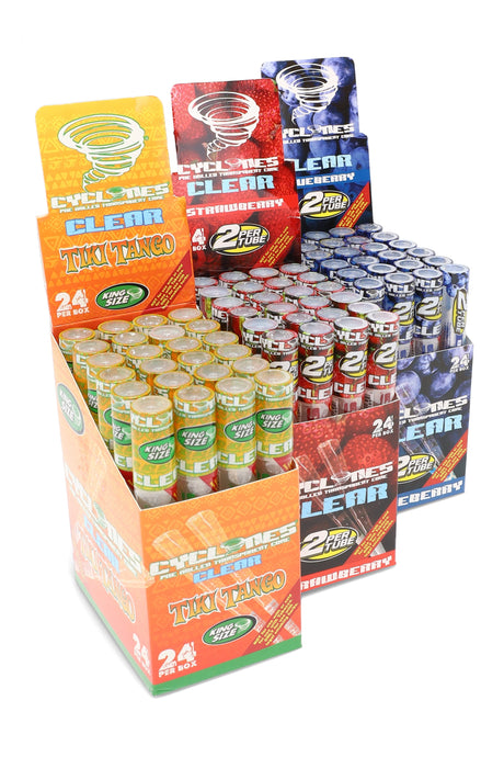 Cyclones Clear king size pre-rolled cones in assorted flavor displays—24 tubes per box, two cones per tube.