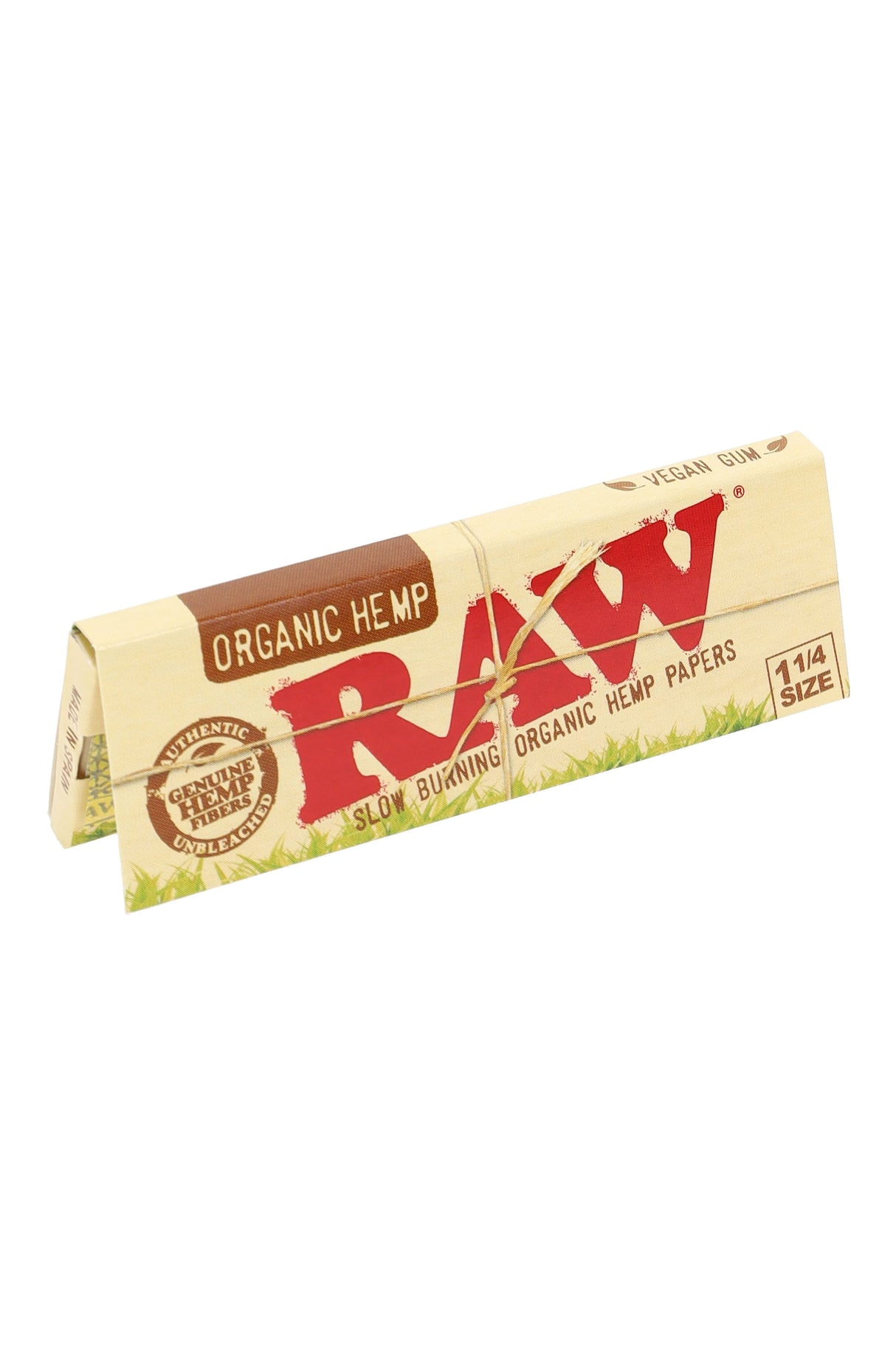 RAW Organic Hemp 1¼ rolling papers booklet with tan pack design and 50-leaf count shown in angled product view