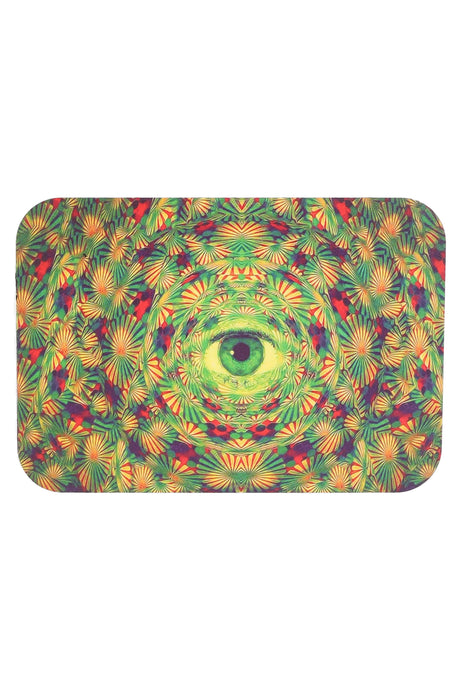 Small metal rolling tray with magnetic lid, kaleidoscopic green mandala centered on a single eye; smooth 7″ × 5″.