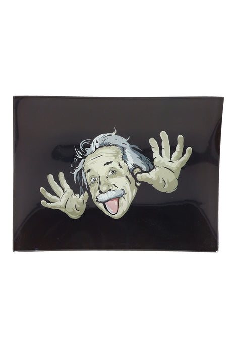 Small art glass rolling tray with playful scientist caricature on glossy black; compact 6½″ × 4¾″ size for organized prep.