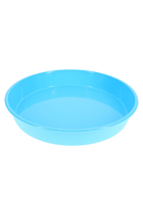 Close-up of sky-blue round silicone rolling tray, 9″ diameter, nonstick interior and shallow lip for tidy, organized prep.