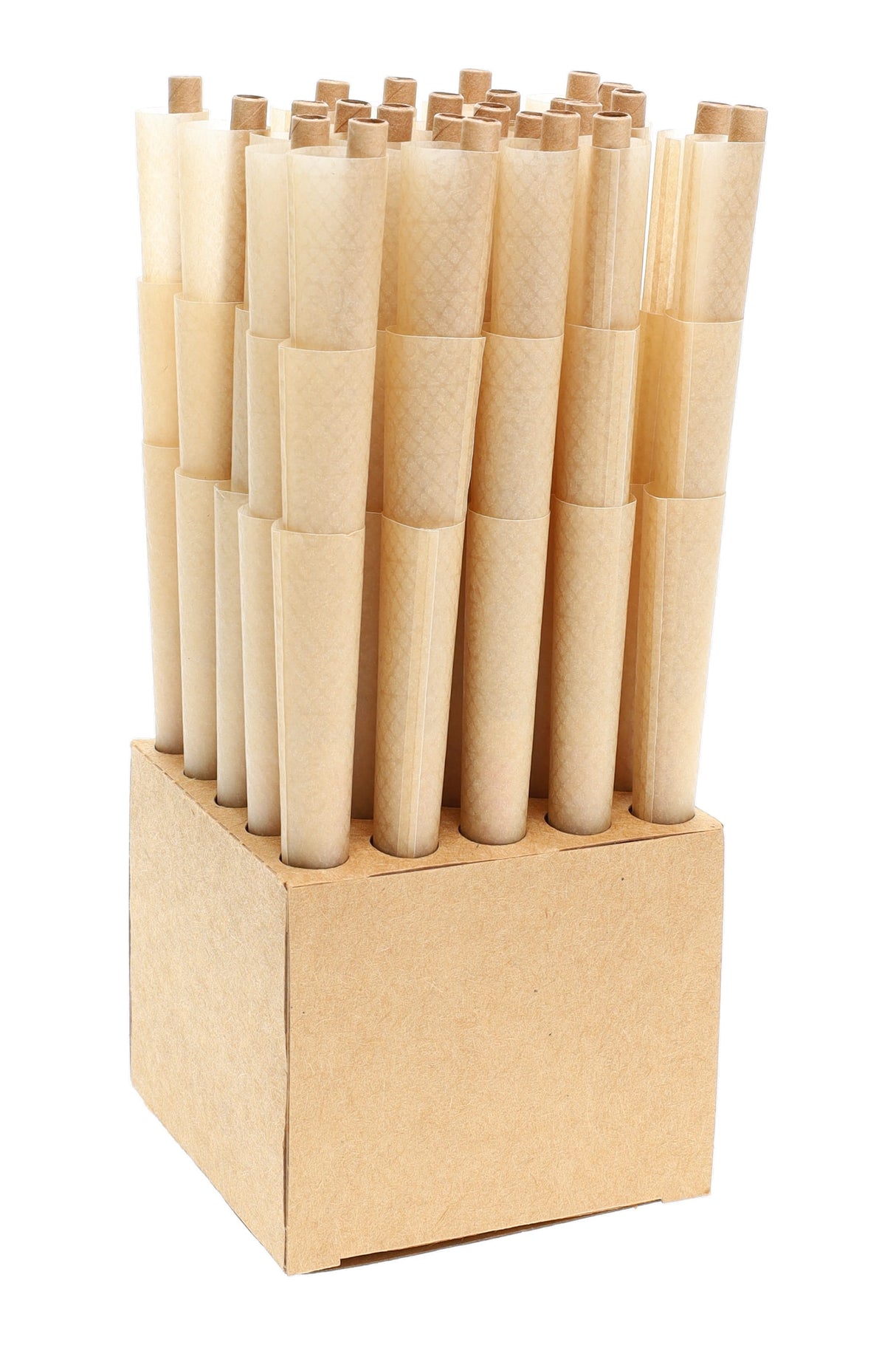 Open kraft tray showing RAW Classic King Size paper cones standing upright with built-in tips for easy filling and packing.