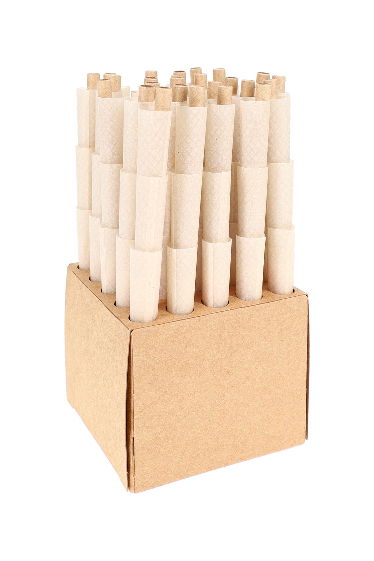 Open divider insert packed with multiple RAW Organic 1¼ pre-rolled cones standing upright, kraft organizer box on white surface.