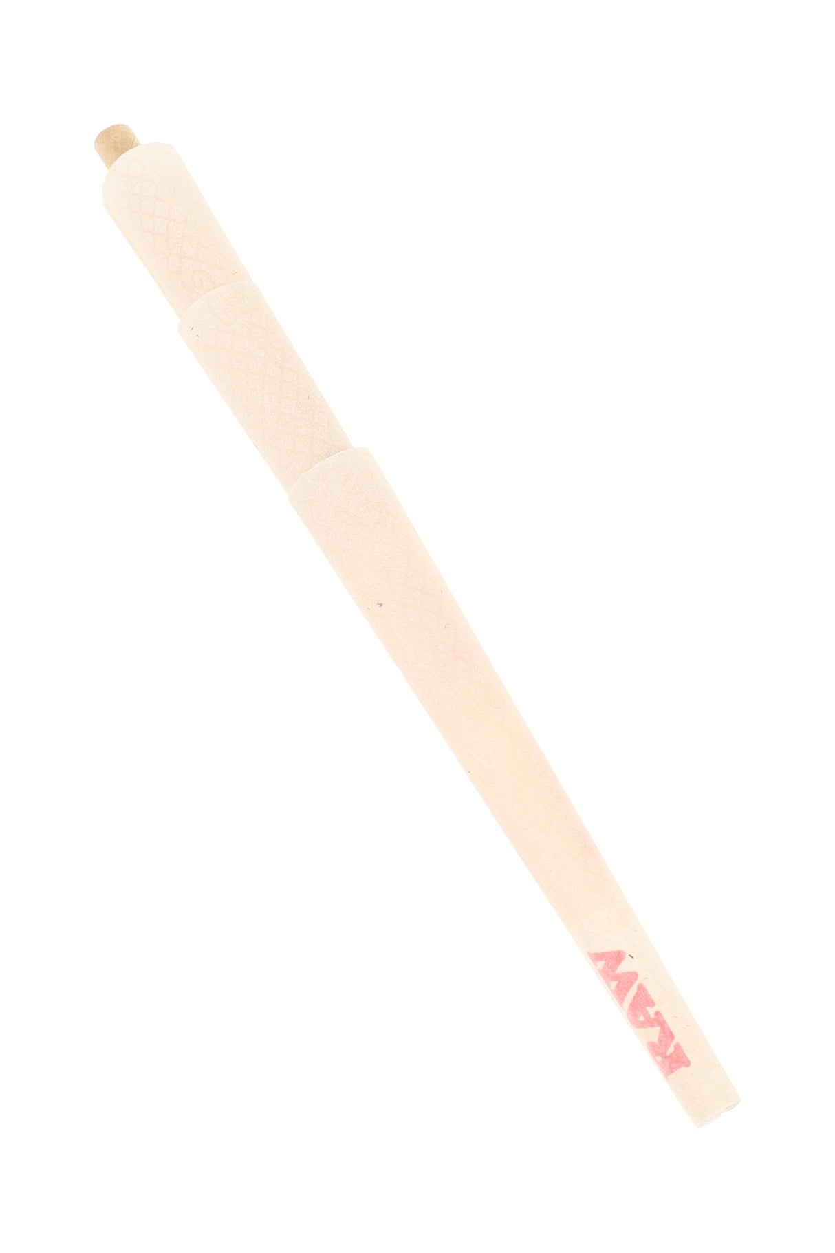 Single RAW Organic 1¼ pre-rolled cone with built-in tip and light watermark pattern, unfilled hemp cone laid diagonally on white.