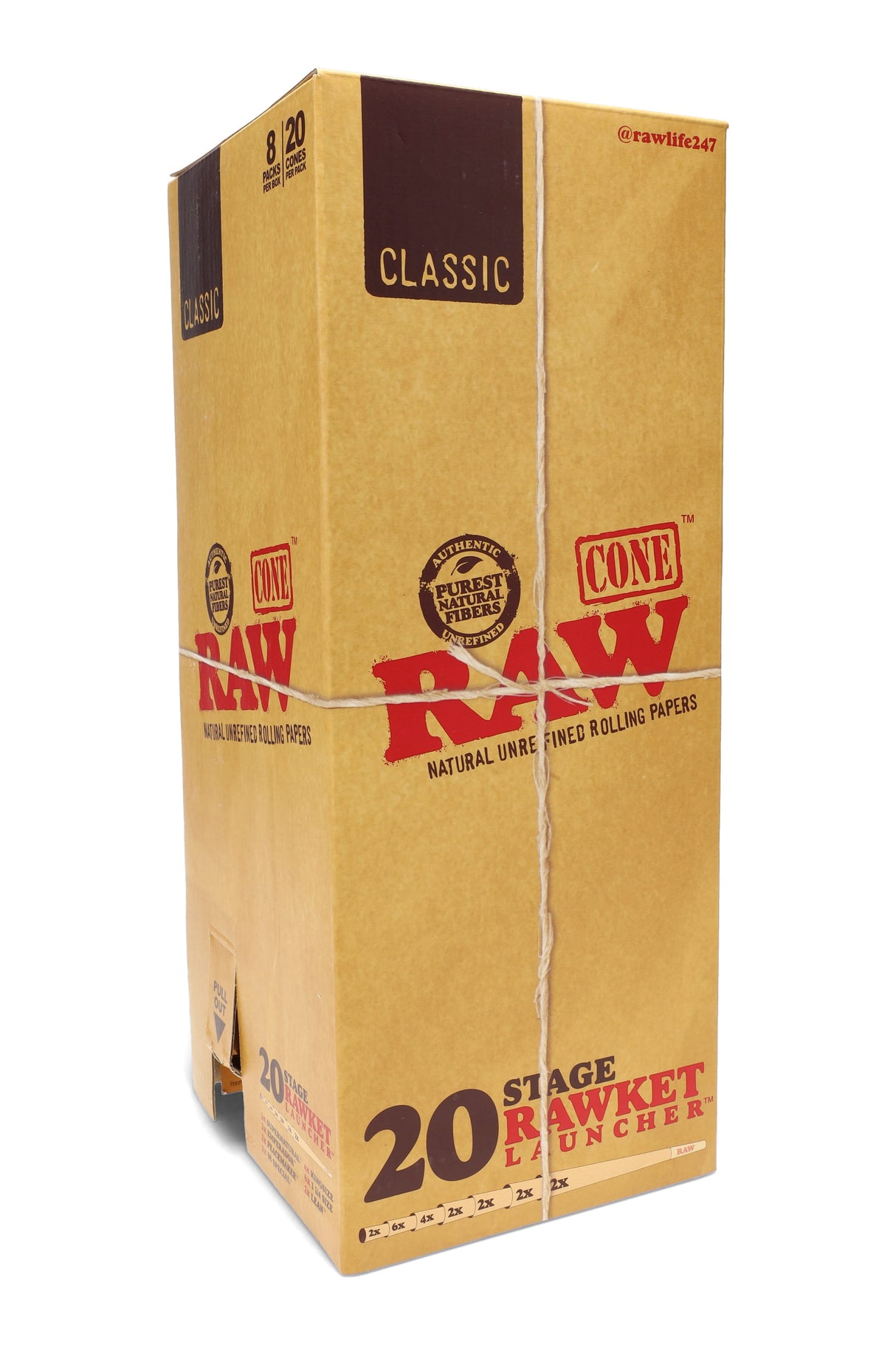 RAW 20 Stage RAWket Launcher Classic cones display box showing 8 packs, natural unrefined paper variety, retail ready.