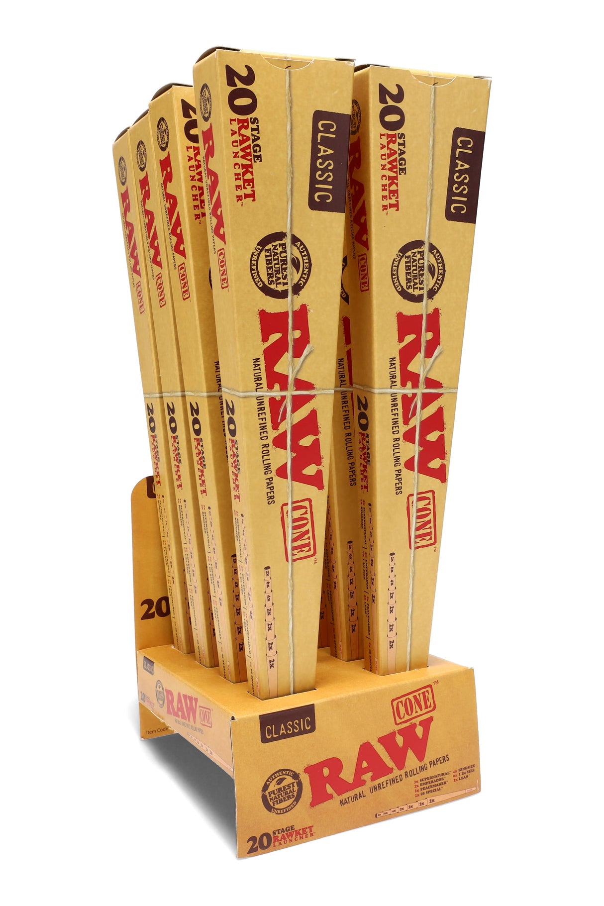 Open RAW 20 Stage RAWket Launcher display with tall triangular pre-rolled cone variety packs standing upright.