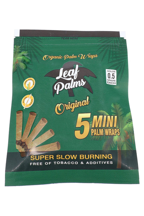 Leaf Palms Original mini palm leaf pre-rolls pouch showing 5 minis, corn husk filter icons, and 0.5 g capacity per roll.