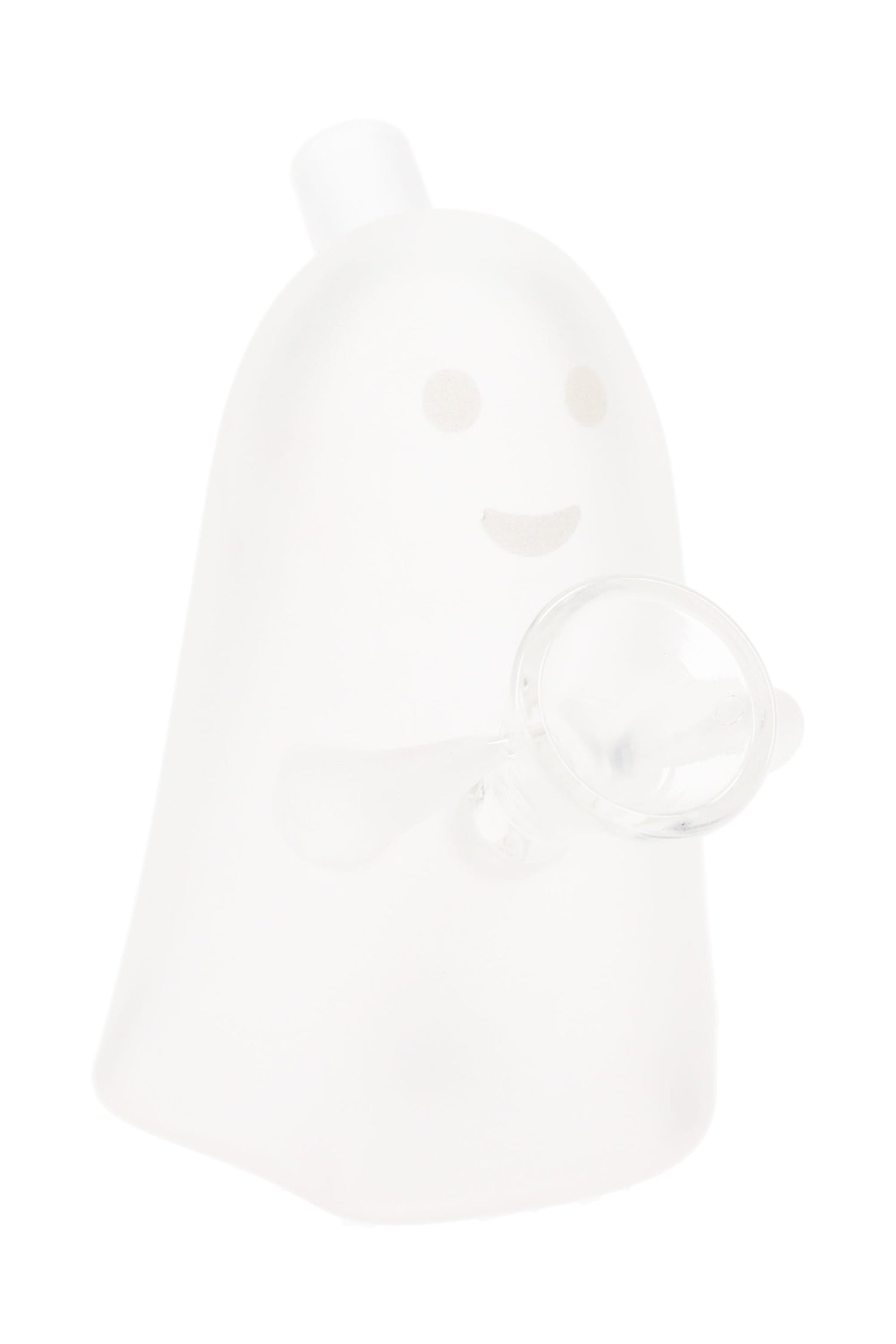 Frosted glass ghost-shaped blunt bubbler by MJ Arsenal with integrated holder and mouthpiece, glow-ready details, shown on white background.